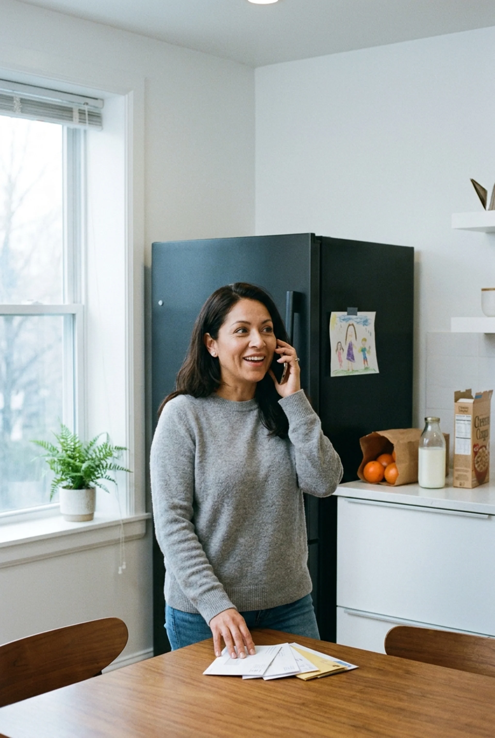 Caregiver smiling while on a phone call in her kitchen