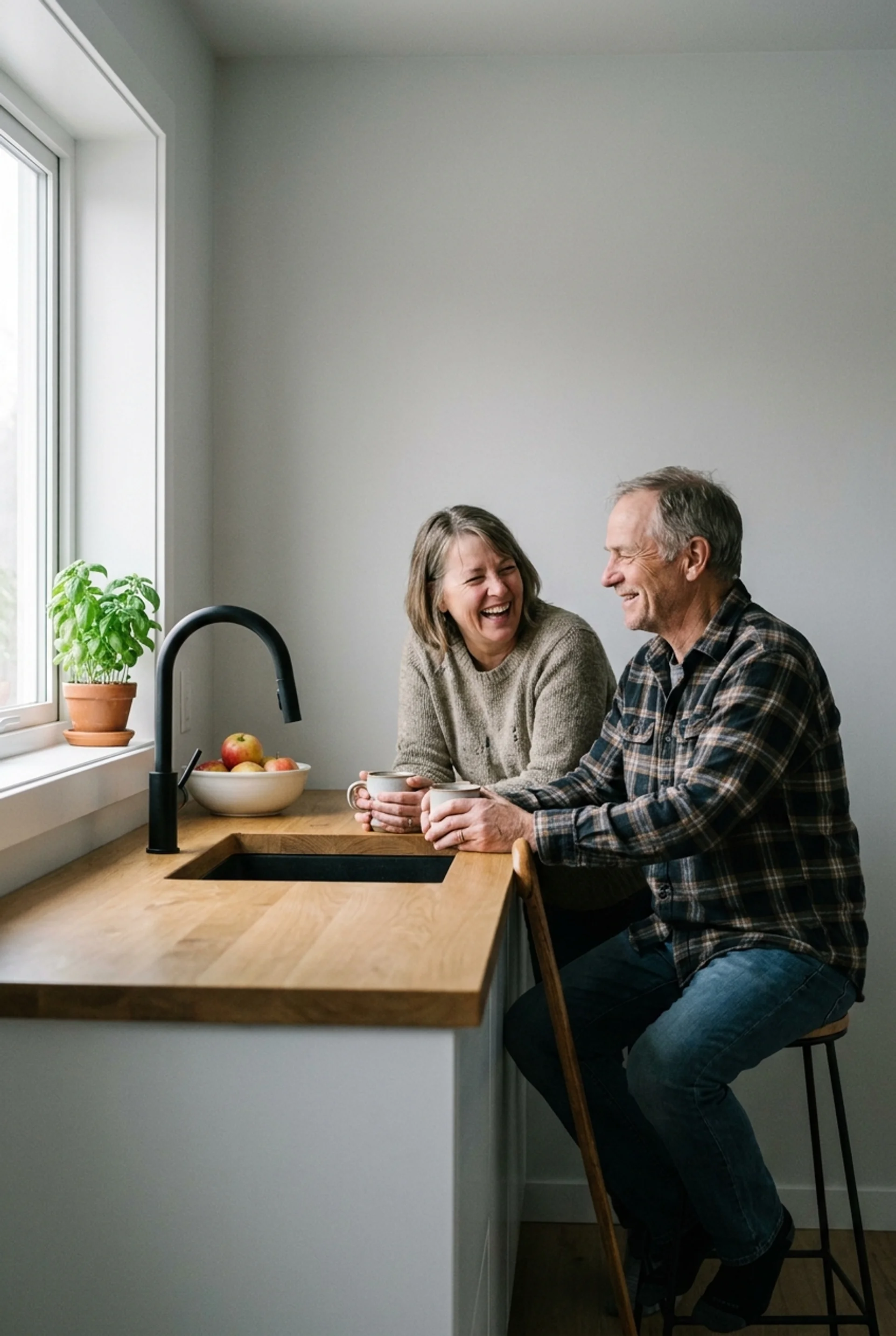 Middle-aged couple laughing together in a modern kitchen